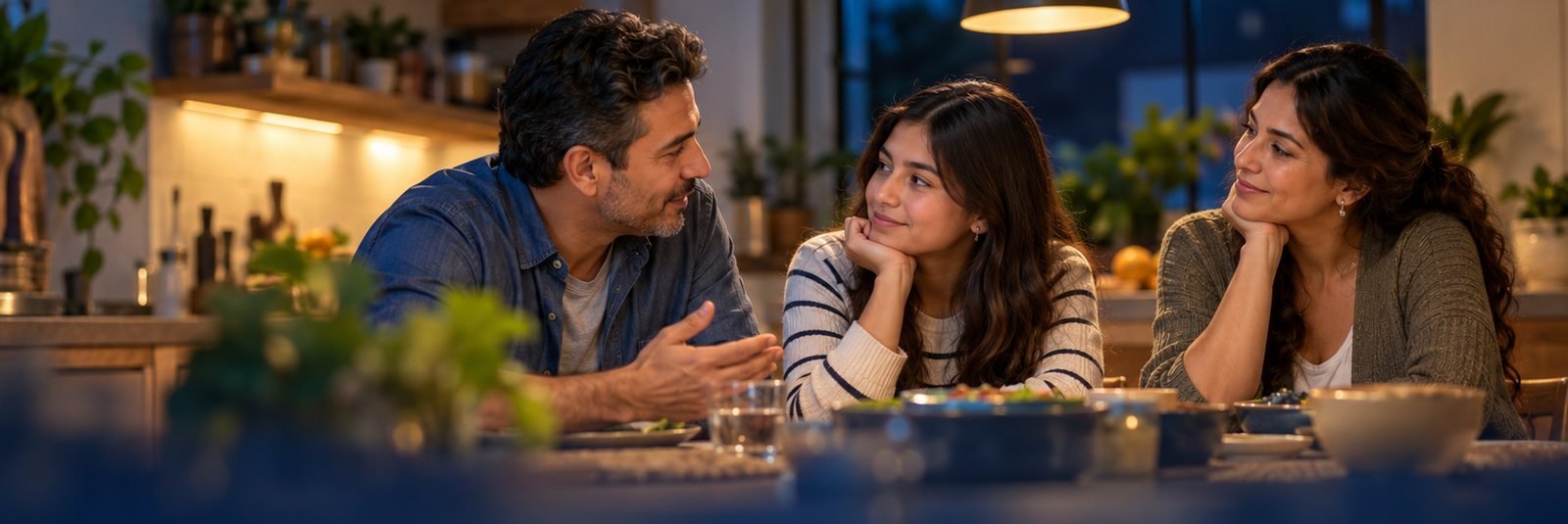 Un padre conversa con sus dos hijas en la mesa del comedor